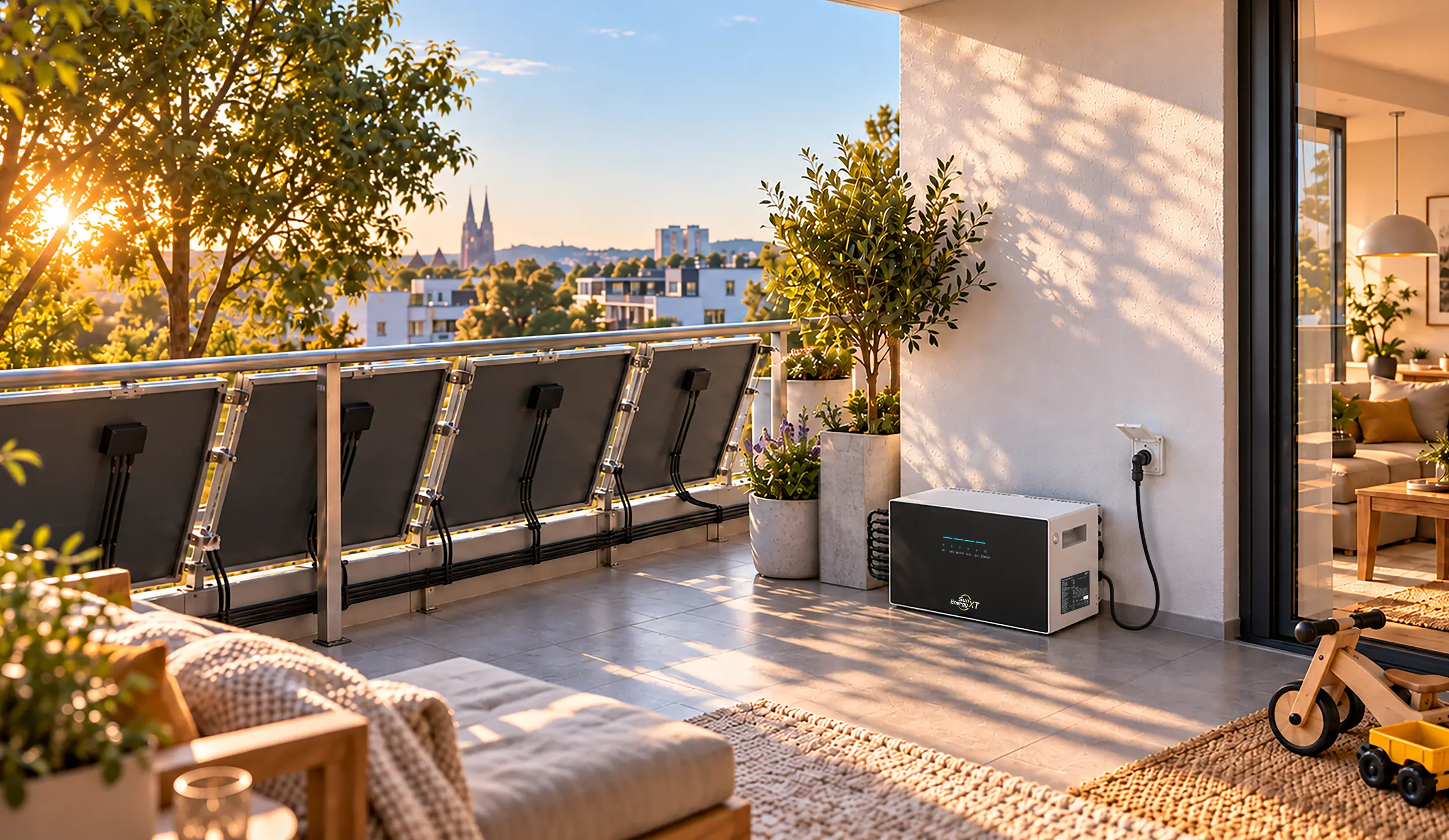 Balkon mit Solarmodulen am Geländer und SunEnergyXT 500 Lite