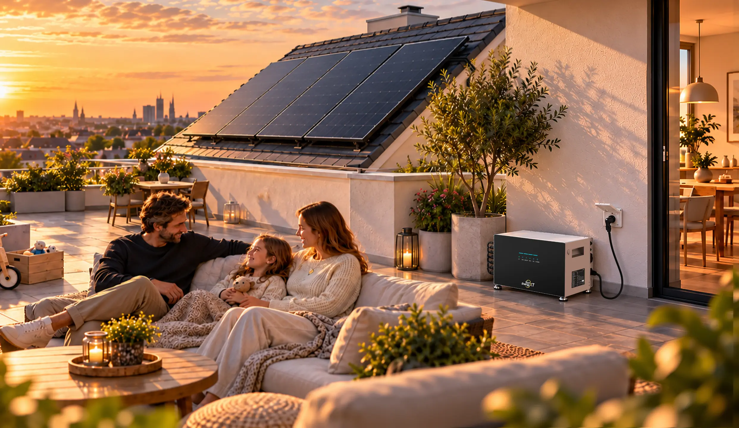 Familie auf der Dachterrasse mit Solarmodulen auf dem Schrägdach und SunEnergyXT 500 Lite